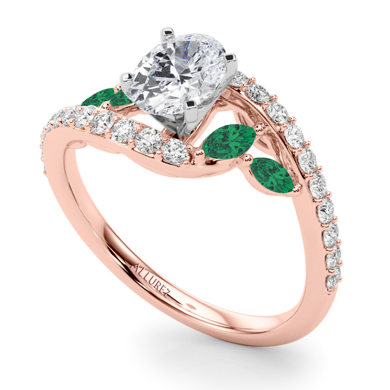Swirl Design Diamond & Marquise Emerald Engagement Ring 14K Rose Gold (0.63ct)